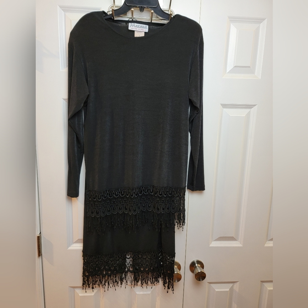 Vintage Matana Black‎ Fringe Polyester Long Sleeve Skirt Set Small